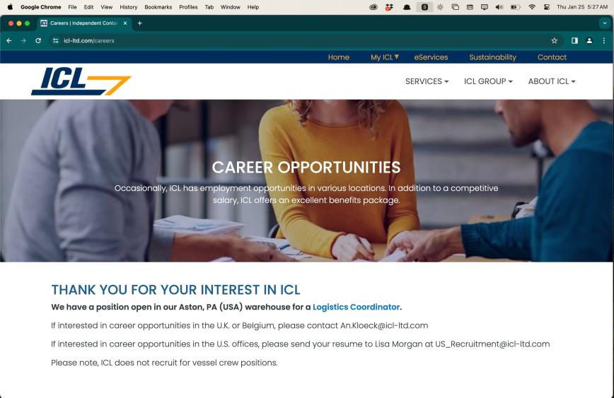 ICL careers webpage on computer