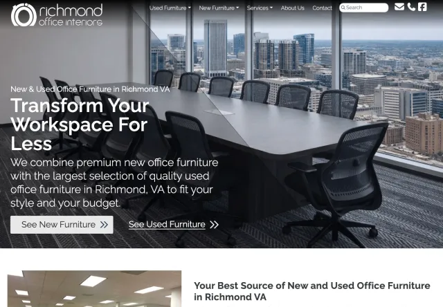 Richmond Office Interiors homepage with conference-room furniture and Richmond skyline
